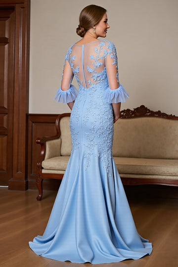 Sky Blue Mermaid Ruffled Long Mother Of The Bride Dress With Lace